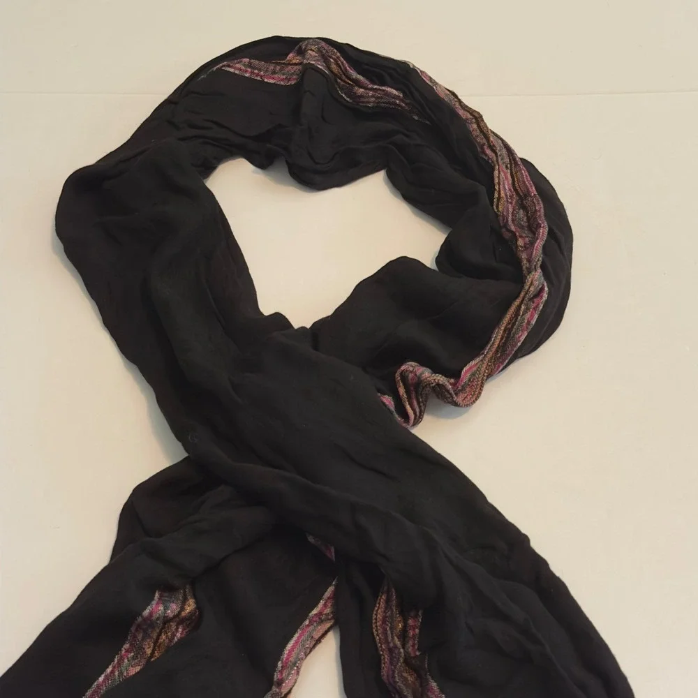 Cejon Black Viscose Scarf Multi Color Metallic Striped Border Fringe Wrap India